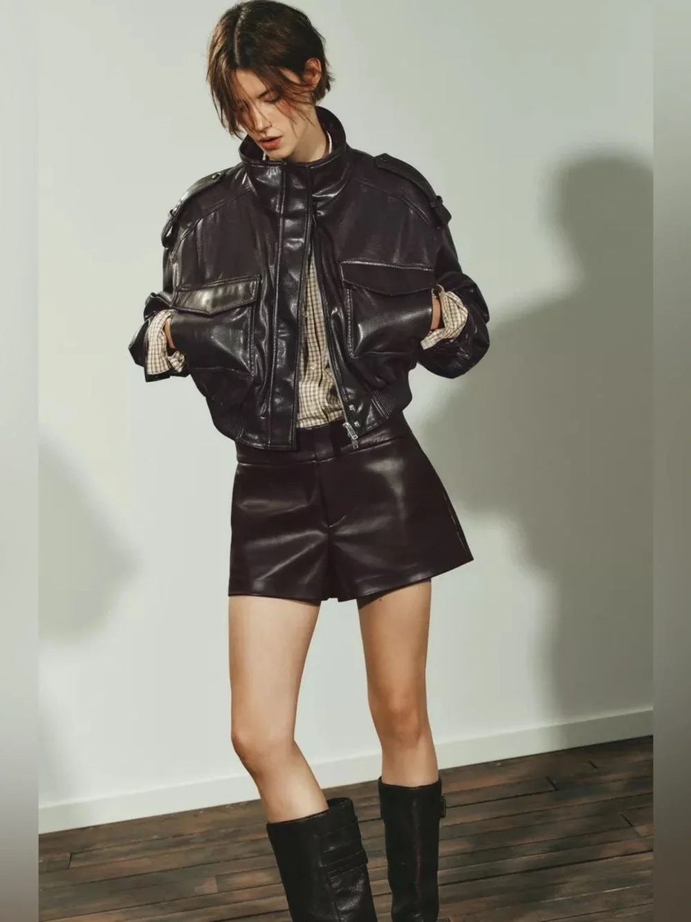 Zara Brown Faux Leather Bomber Jacket